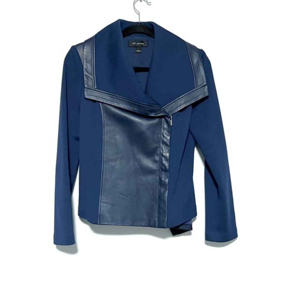 HP 🎉 St. John Current Blue Leather Mixed Media Moto Jacket. Women's size 4.